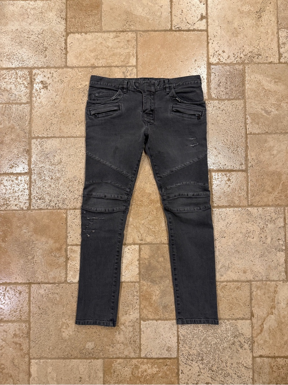 Balmain Moto Biker Distressed Gray Wash Denim Jeans